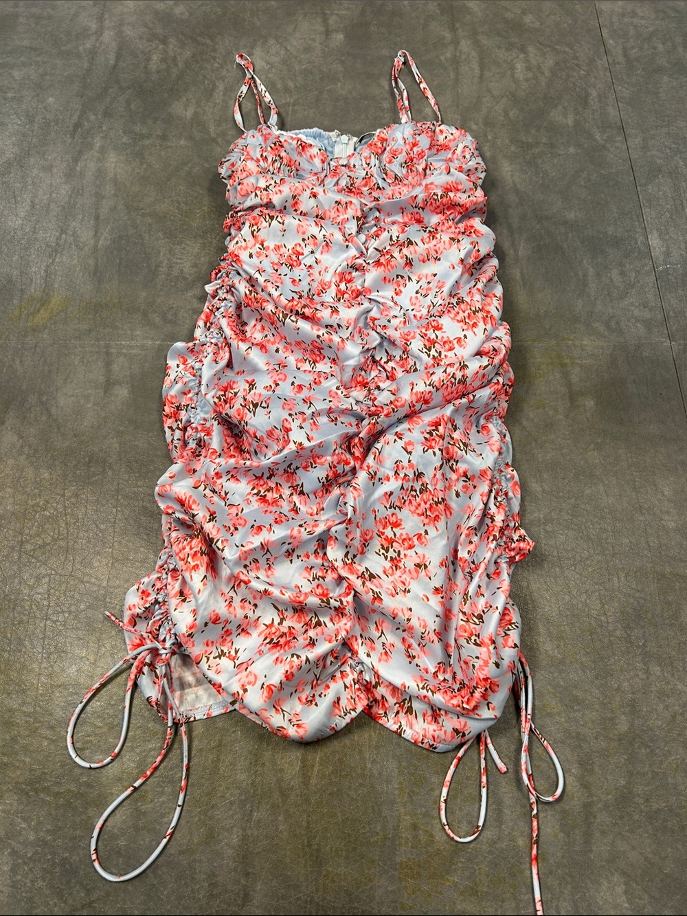 O.Vianca Pink and Pastel Blue Floral Ruched Dress